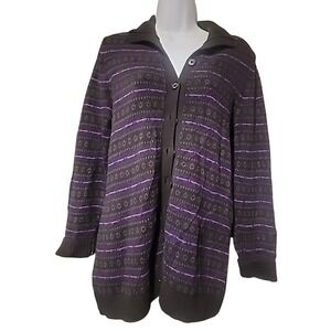 Chaps Womens Black Purple Striped Cotton Cardigan Sweater Mock Neck Size S